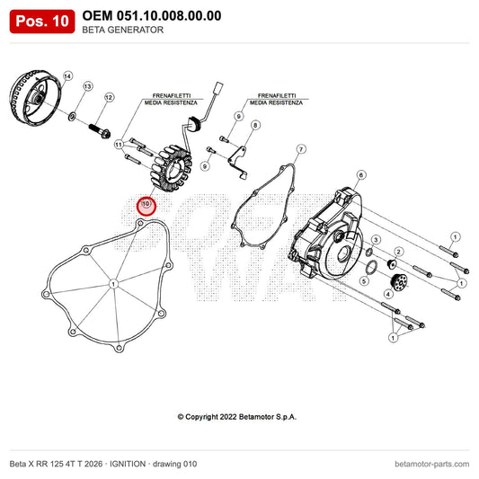 BETA GENERATOR – OEM 051.10.008.00.00, position 10 on the Beta X RR 125 4T T 2026 ignition drawing