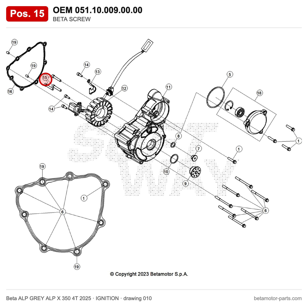 BETA SCREW – OEM 051.10.009.00.00, position 15 on the Beta ALP GREY ALP X 350 4T 2025 ignition drawing
