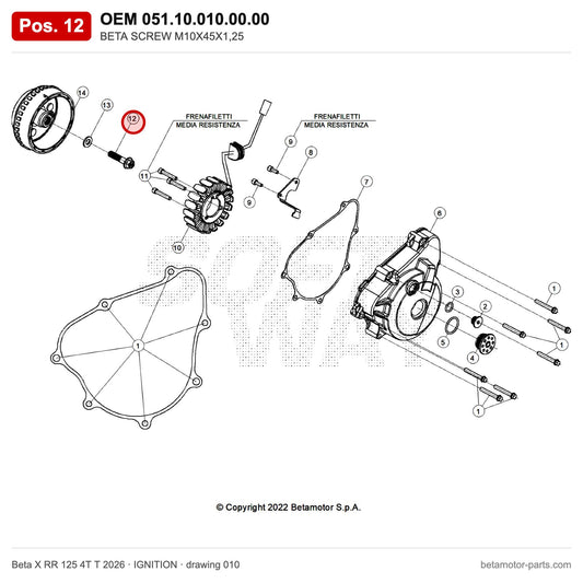 BETA SCREW M10X45X1,25 – OEM 051.10.010.00.00, position 12 on the Beta X RR 125 4T T 2026 ignition drawing