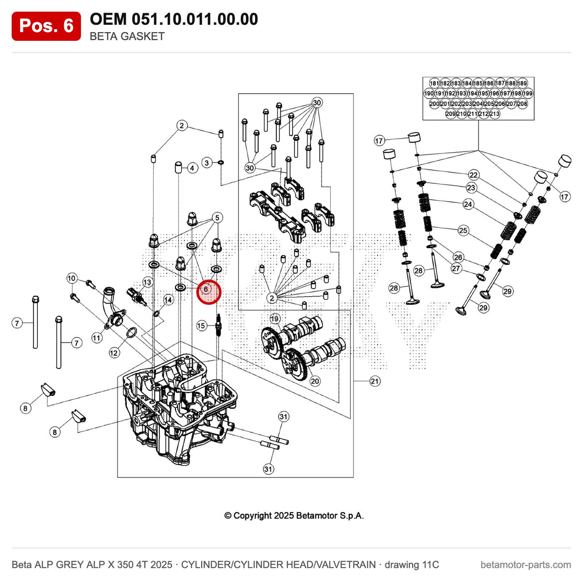 BETA GASKET – OEM 051.10.011.00.00, position 6 on the Beta ALP GREY ALP X 350 4T 2025 cylinder/cylinder head/valvetrain drawing