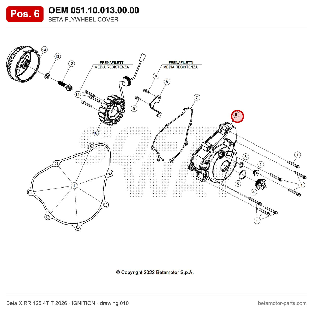 BETA FLYWHEEL COVER – OEM 051.10.013.00.00, position 6 on the Beta X RR 125 4T T 2026 ignition drawing