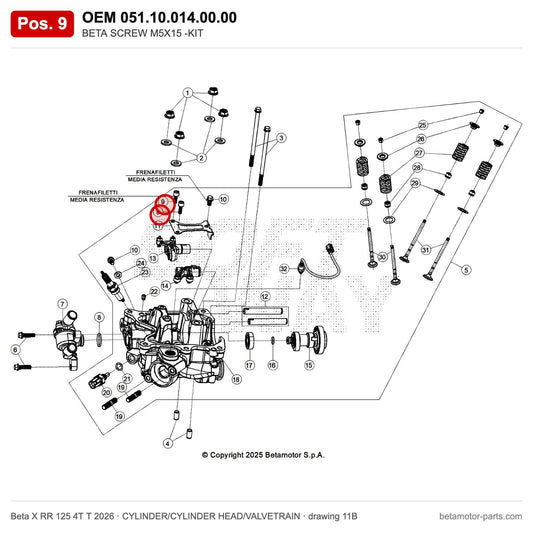 BETA SCREW M5X15 -KIT – OEM 051.10.014.00.00, position 9 on the Beta X RR 125 4T T 2026 cylinder/cylinder head/valvetrain drawing