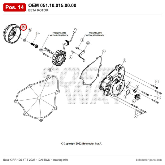 BETA ROTOR – OEM 051.10.015.00.00, position 14 on the Beta X RR 125 4T T 2026 ignition drawing