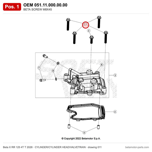 BETA SCREW M8X45 – OEM 051.11.000.00.00, position 1 on the Beta X RR 125 4T T 2026 cylinder/cylinder head/valvetrain drawing
