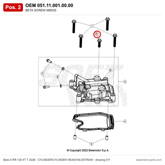 BETA SCREW M8X25 – OEM 051.11.001.00.00, position 2 on the Beta X RR 125 4T T 2026 cylinder/cylinder head/valvetrain drawing