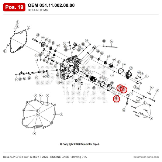 BETA NUT M6 – OEM 051.11.002.00.00, position 19 on the Beta ALP GREY ALP X 350 4T 2025 engine case drawing