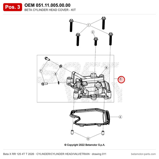 BETA CYLINDER HEAD COVER - KIT – OEM 051.11.005.00.00, position 3 on the Beta X RR 125 4T T 2026 cylinder/cylinder head/valvetrain drawing