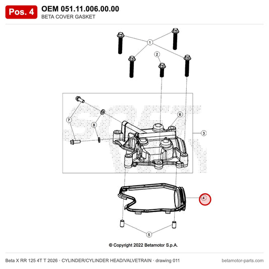 BETA COVER GASKET – OEM 051.11.006.00.00, position 4 on the Beta X RR 125 4T T 2026 cylinder/cylinder head/valvetrain drawing