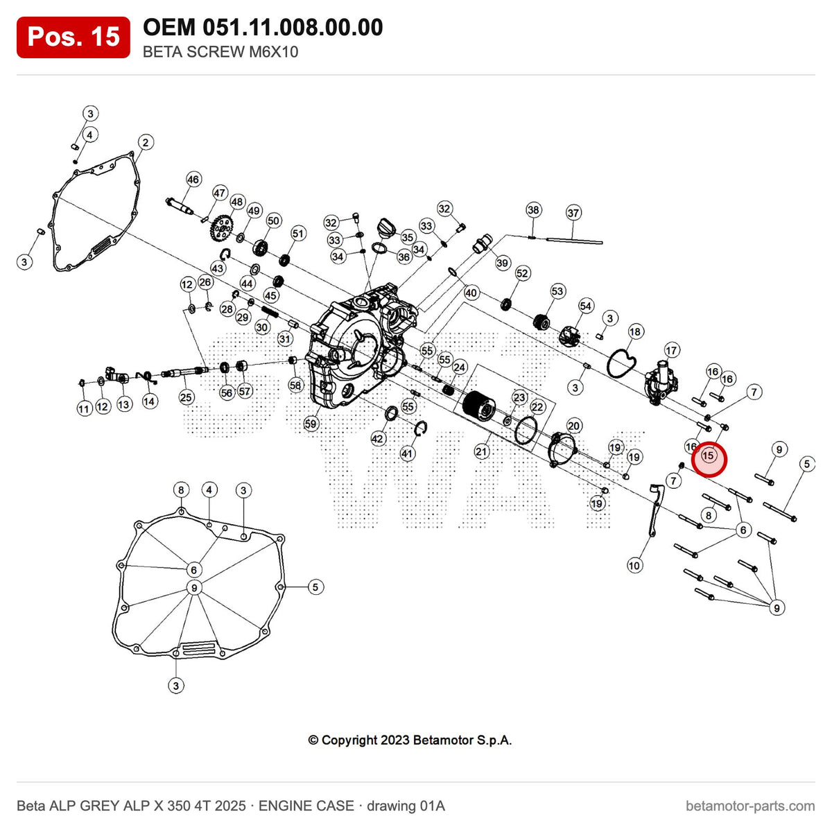 BETA SCREW M6X10 – OEM 051.11.008.00.00, position 15 on the Beta ALP GREY ALP X 350 4T 2025 engine case drawing