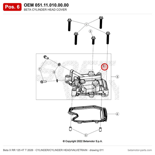 BETA CYLINDER HEAD COVER – OEM 051.11.010.00.00, position 6 on the Beta X RR 125 4T T 2026 cylinder/cylinder head/valvetrain drawing