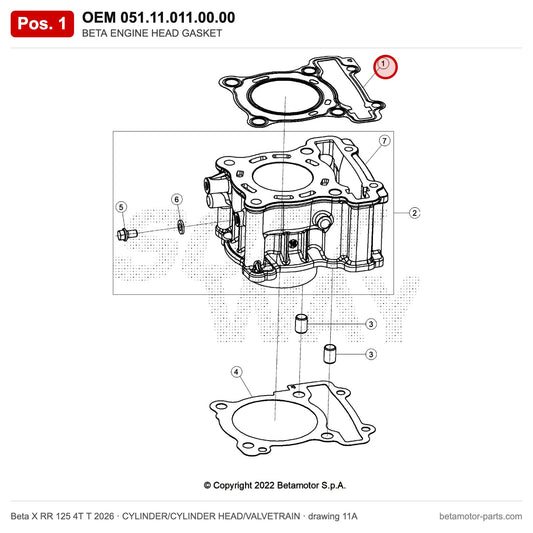 BETA ENGINE HEAD GASKET – OEM 051.11.011.00.00, position 1 on the Beta X RR 125 4T T 2026 cylinder/cylinder head/valvetrain drawing