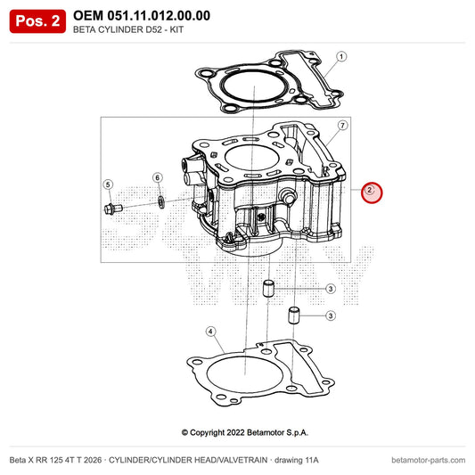 BETA CYLINDER D52 - KIT – OEM 051.11.012.00.00, position 2 on the Beta X RR 125 4T T 2026 cylinder/cylinder head/valvetrain drawing