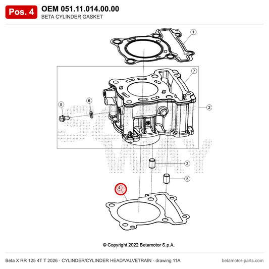 BETA CYLINDER GASKET – OEM 051.11.014.00.00, position 4 on the Beta X RR 125 4T T 2026 cylinder/cylinder head/valvetrain drawing