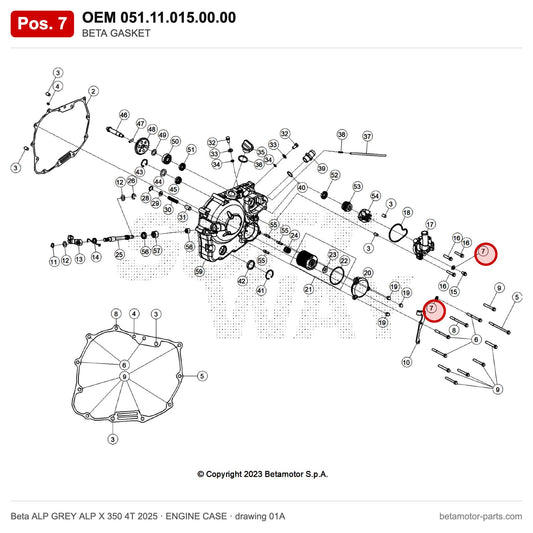 BETA GASKET – OEM 051.11.015.00.00, position 7 on the Beta ALP GREY ALP X 350 4T 2025 engine case drawing
