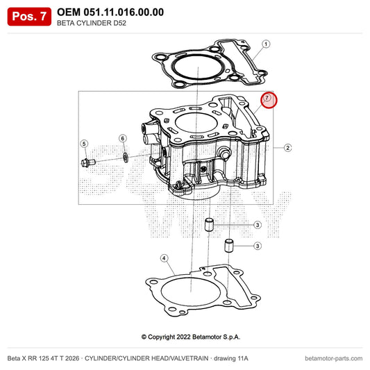 BETA CYLINDER D52 – OEM 051.11.016.00.00, position 7 on the Beta X RR 125 4T T 2026 cylinder/cylinder head/valvetrain drawing