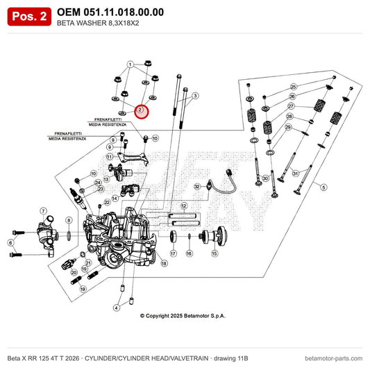 BETA WASHER 8,3X18X2 – OEM 051.11.018.00.00, position 2 on the Beta X RR 125 4T T 2026 cylinder/cylinder head/valvetrain drawing