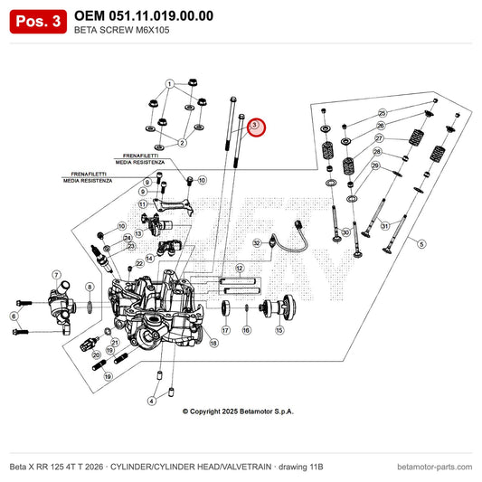 BETA SCREW M6X105 – OEM 051.11.019.00.00, position 3 on the Beta X RR 125 4T T 2026 cylinder/cylinder head/valvetrain drawing