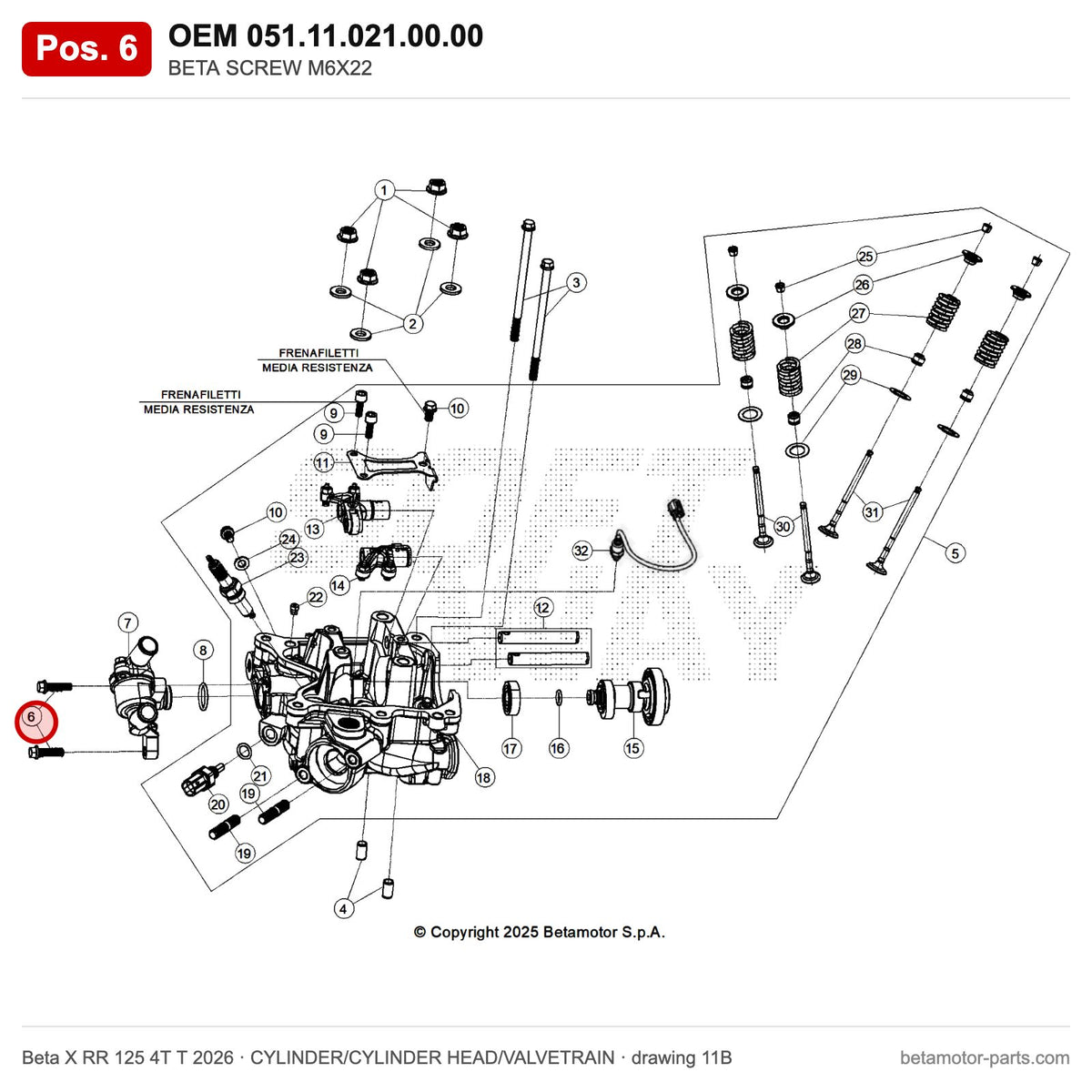 BETA SCREW M6X22 – OEM 051.11.021.00.00, position 6 on the Beta X RR 125 4T T 2026 cylinder/cylinder head/valvetrain drawing