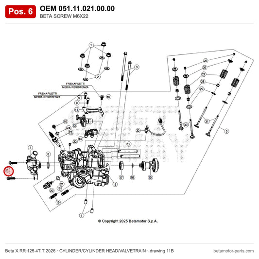 BETA SCREW M6X22 – OEM 051.11.021.00.00, position 6 on the Beta X RR 125 4T T 2026 cylinder/cylinder head/valvetrain drawing