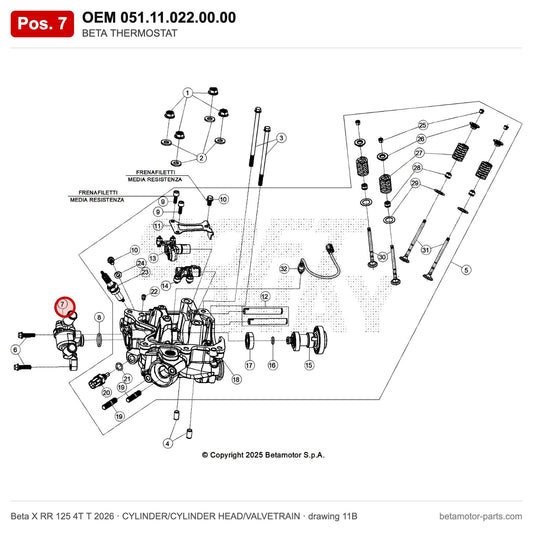 BETA THERMOSTAT – OEM 051.11.022.00.00, position 7 on the Beta X RR 125 4T T 2026 cylinder/cylinder head/valvetrain drawing