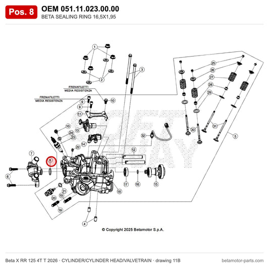 BETA SEALING RING 16,5X1,95 – OEM 051.11.023.00.00, position 8 on the Beta X RR 125 4T T 2026 cylinder/cylinder head/valvetrain drawing