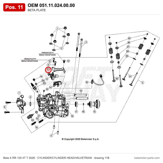 BETA PLATE – OEM 051.11.024.00.00, position 11 on the Beta X RR 125 4T T 2026 cylinder/cylinder head/valvetrain drawing