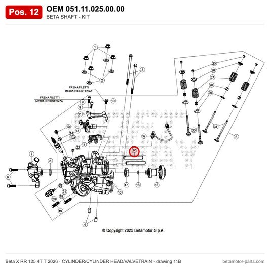 BETA SHAFT - KIT – OEM 051.11.025.00.00, position 12 on the Beta X RR 125 4T T 2026 cylinder/cylinder head/valvetrain drawing