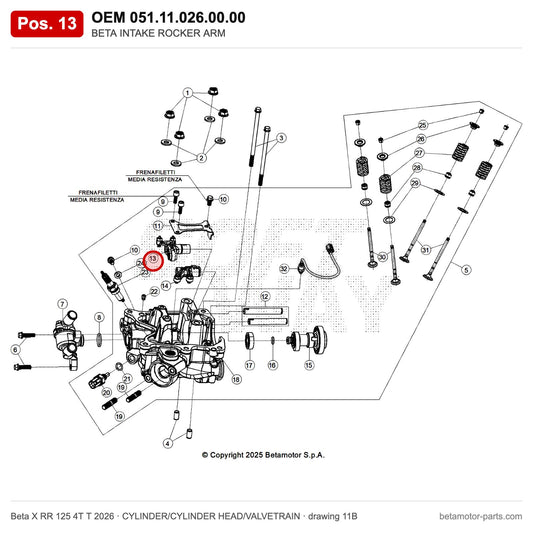 BETA INTAKE ROCKER ARM – OEM 051.11.026.00.00, position 13 on the Beta X RR 125 4T T 2026 cylinder/cylinder head/valvetrain drawing