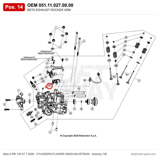 BETA EXHAUST ROCKER ARM – OEM 051.11.027.00.00, position 14 on the Beta X RR 125 4T T 2026 cylinder/cylinder head/valvetrain drawing