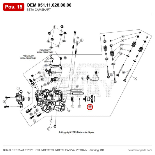 BETA CAMSHAFT – OEM 051.11.028.00.00, position 15 on the Beta X RR 125 4T T 2026 cylinder/cylinder head/valvetrain drawing