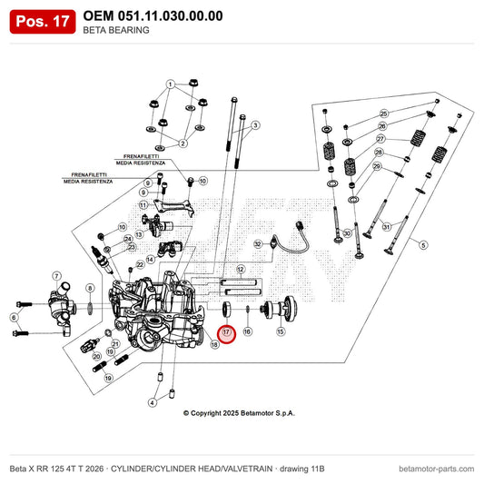 BETA BEARING – OEM 051.11.030.00.00, position 17 on the Beta X RR 125 4T T 2026 cylinder/cylinder head/valvetrain drawing
