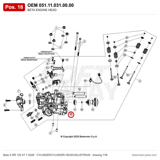 BETA ENGINE HEAD – OEM 051.11.031.00.00, position 18 on the Beta X RR 125 4T T 2026 cylinder/cylinder head/valvetrain drawing
