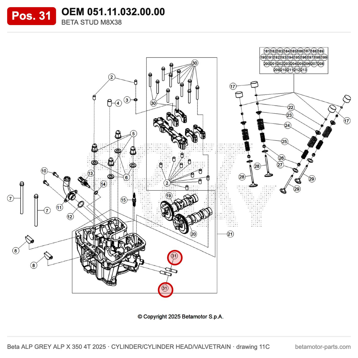 BETA STUD M8X38 – OEM 051.11.032.00.00, position 31 on the Beta ALP GREY ALP X 350 4T 2025 cylinder/cylinder head/valvetrain drawing