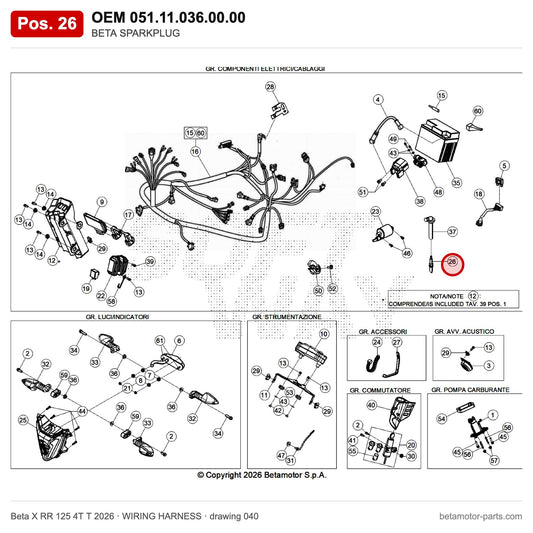 BETA SPARKPLUG – OEM 051.11.036.00.00, position 26 on the Beta X RR 125 4T T 2026 wiring harness drawing