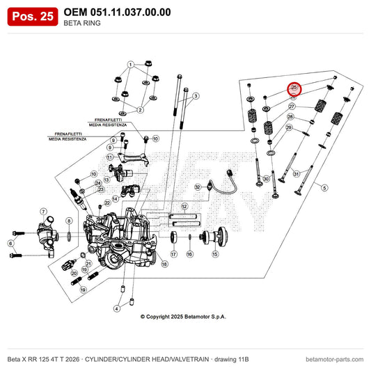 BETA RING – OEM 051.11.037.00.00, position 25 on the Beta X RR 125 4T T 2026 cylinder/cylinder head/valvetrain drawing