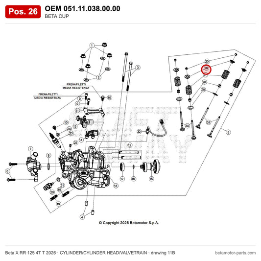BETA CUP – OEM 051.11.038.00.00, position 26 on the Beta X RR 125 4T T 2026 cylinder/cylinder head/valvetrain drawing