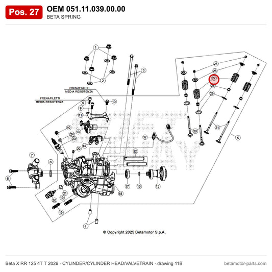 BETA SPRING – OEM 051.11.039.00.00, position 27 on the Beta X RR 125 4T T 2026 cylinder/cylinder head/valvetrain drawing