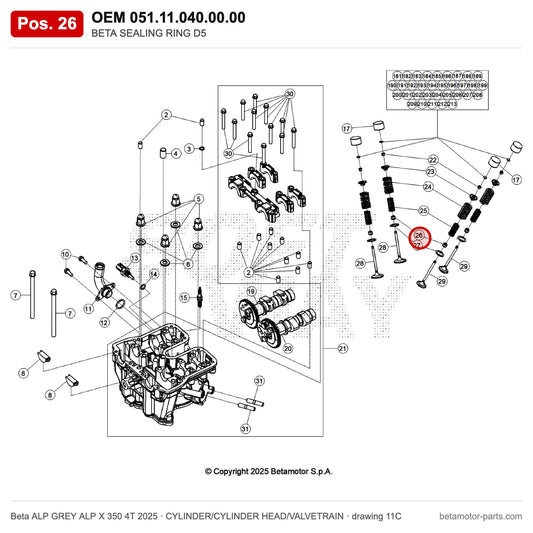 BETA SEALING RING D5 – OEM 051.11.040.00.00, position 26 on the Beta ALP GREY ALP X 350 4T 2025 cylinder/cylinder head/valvetrain drawing