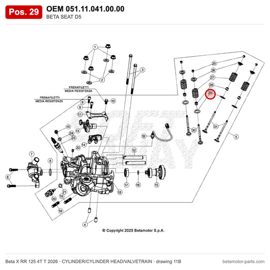 BETA SEAT D5 – OEM 051.11.041.00.00, position 29 on the Beta X RR 125 4T T 2026 cylinder/cylinder head/valvetrain drawing