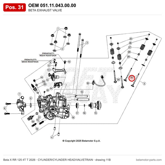 BETA EXHAUST VALVE – OEM 051.11.043.00.00, position 31 on the Beta X RR 125 4T T 2026 cylinder/cylinder head/valvetrain drawing