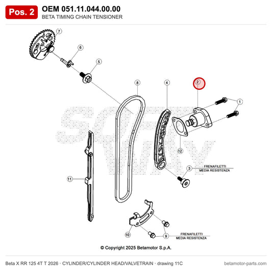 BETA TIMING CHAIN TENSIONER – OEM 051.11.044.00.00, position 2 on the Beta X RR 125 4T T 2026 cylinder/cylinder head/valvetrain drawing