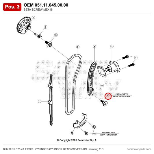 BETA SCREW M6X16 – OEM 051.11.045.00.00, position 3 on the Beta X RR 125 4T T 2026 cylinder/cylinder head/valvetrain drawing