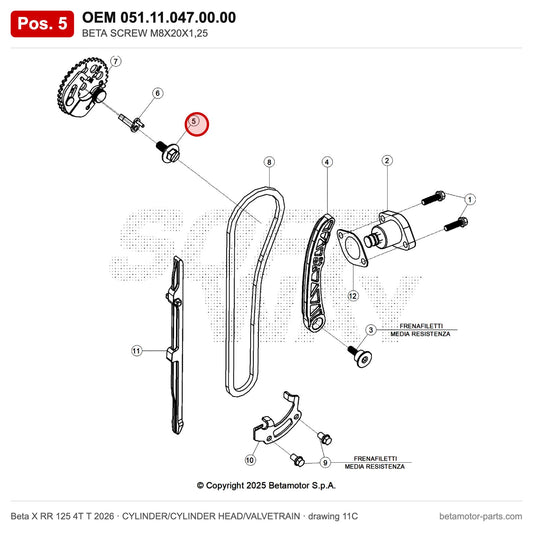 BETA SCREW M8X20X1,25 – OEM 051.11.047.00.00, position 5 on the Beta X RR 125 4T T 2026 cylinder/cylinder head/valvetrain drawing
