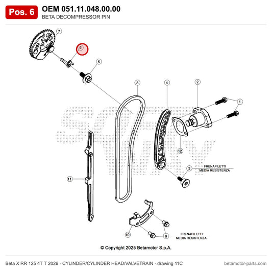 BETA DECOMPRESSOR PIN – OEM 051.11.048.00.00, position 6 on the Beta X RR 125 4T T 2026 cylinder/cylinder head/valvetrain drawing