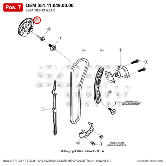 BETA TIMING GEAR – OEM 051.11.049.00.00, position 7 on the Beta X RR 125 4T T 2026 cylinder/cylinder head/valvetrain drawing
