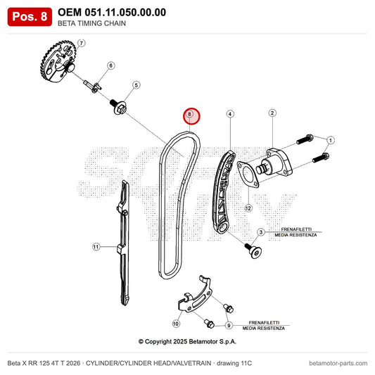 BETA TIMING CHAIN – OEM 051.11.050.00.00, position 8 on the Beta X RR 125 4T T 2026 cylinder/cylinder head/valvetrain drawing