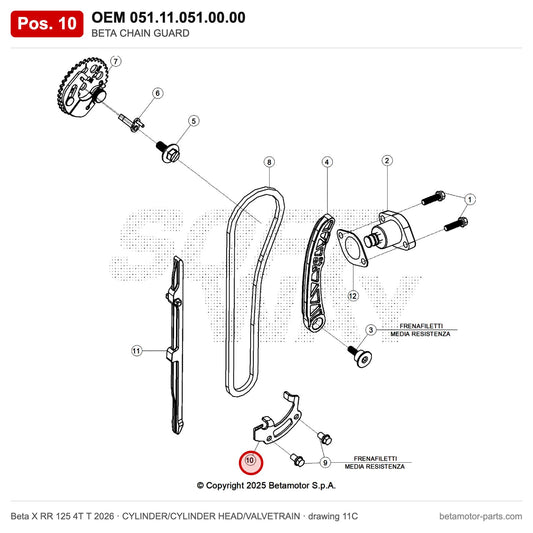 BETA CHAIN GUARD – OEM 051.11.051.00.00, position 10 on the Beta X RR 125 4T T 2026 cylinder/cylinder head/valvetrain drawing