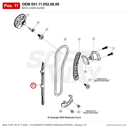 BETA CHAIN GUIDE – OEM 051.11.052.00.00, position 11 on the Beta X RR 125 4T T 2026 cylinder/cylinder head/valvetrain drawing