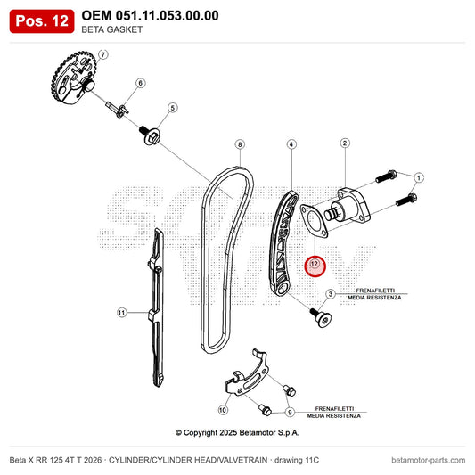 BETA GASKET – OEM 051.11.053.00.00, position 12 on the Beta X RR 125 4T T 2026 cylinder/cylinder head/valvetrain drawing