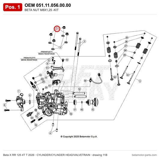 BETA NUT M8X1,25 -KIT – OEM 051.11.056.00.00, position 1 on the Beta X RR 125 4T T 2026 cylinder/cylinder head/valvetrain drawing